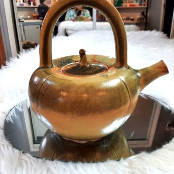 R. Hankia Vintage Rare  Porcelain Green  Orange‎ Tea Pot Signed 18R x10.5 T - Picture 7 of 13